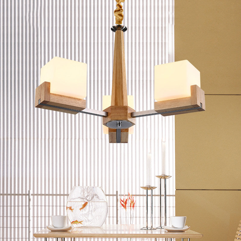 Cubic Chandelier Lighting Nordic Acrylic 3/5/8-Head Wood Chain-Hang/Flushmount Pendant Lamp for Dining Room Clearhalo 'Carpenter Chandeliers' 'Ceiling Lights' 'Chandeliers' 'Industrial' 'Modern Chandeliers' 'Modern' Lighting' 1948965