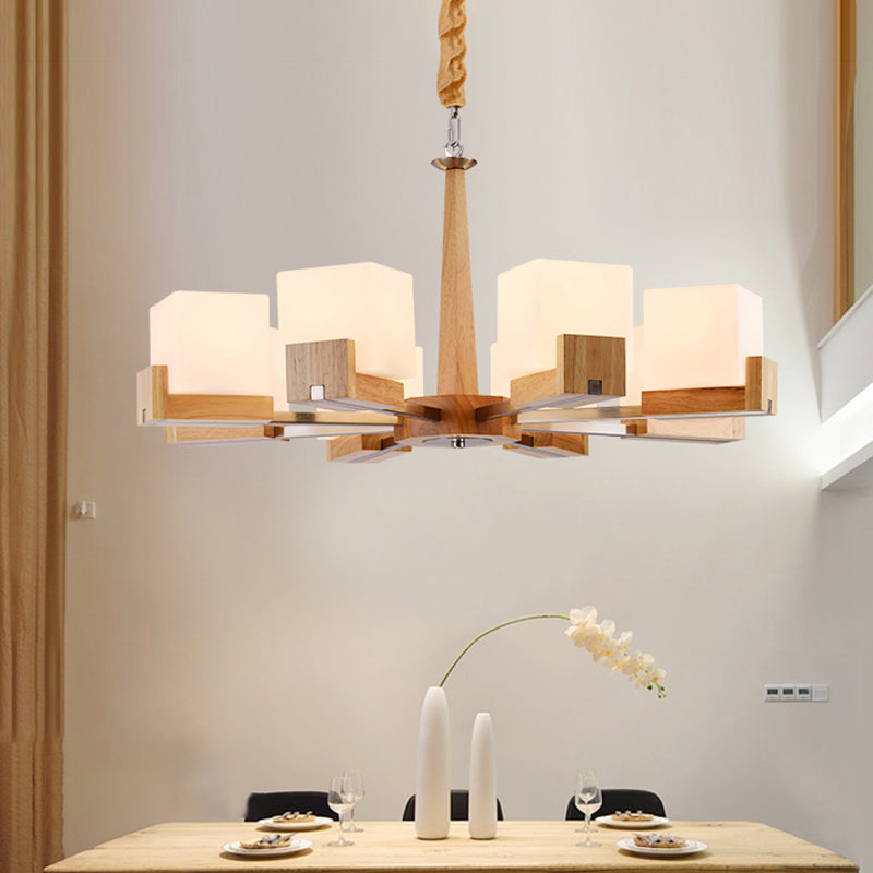 Radial Hanging Light Fixture Contemporary Wood 3/5/8 Bulbs Bedroom Chandelier with Cube Acrylic Shade Clearhalo 'Carpenter Chandeliers' 'Ceiling Lights' 'Chandeliers' 'Industrial' 'Modern Chandeliers' 'Modern' Lighting' 1948969