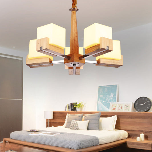 Radial Hanging Light Fixture Contemporary Wood 3/5/8 Bulbs Bedroom Chandelier with Cube Acrylic Shade 5 Wood Clearhalo 'Carpenter Chandeliers' 'Ceiling Lights' 'Chandeliers' 'Industrial' 'Modern Chandeliers' 'Modern' Lighting' 1948973
