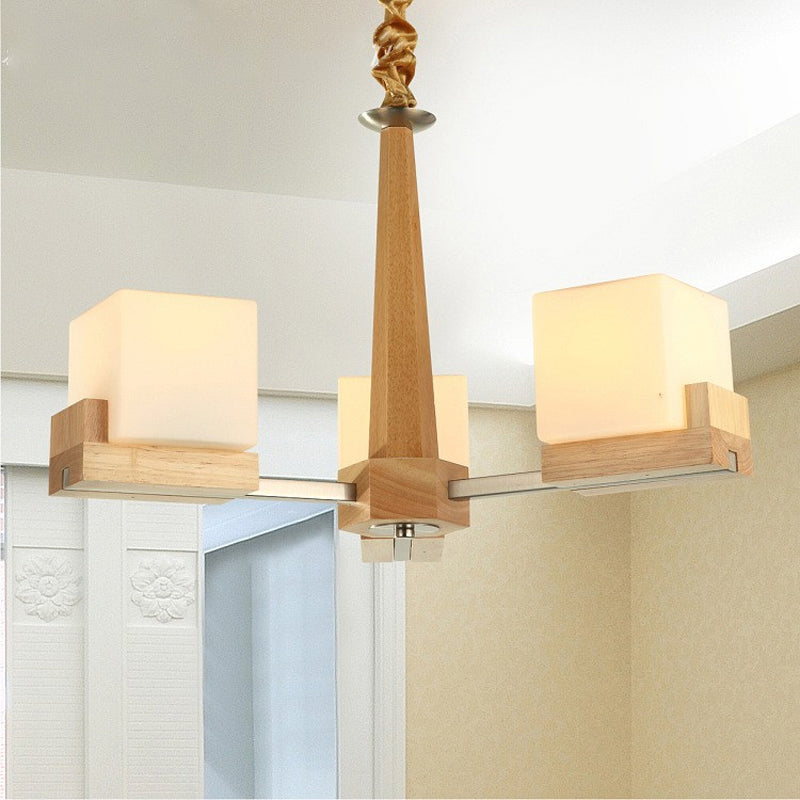Radial Hanging Light Fixture Contemporary Wood 3/5/8 Bulbs Bedroom Chandelier with Cube Acrylic Shade 3 Wood Clearhalo 'Carpenter Chandeliers' 'Ceiling Lights' 'Chandeliers' 'Industrial' 'Modern Chandeliers' 'Modern' Lighting' 1948978