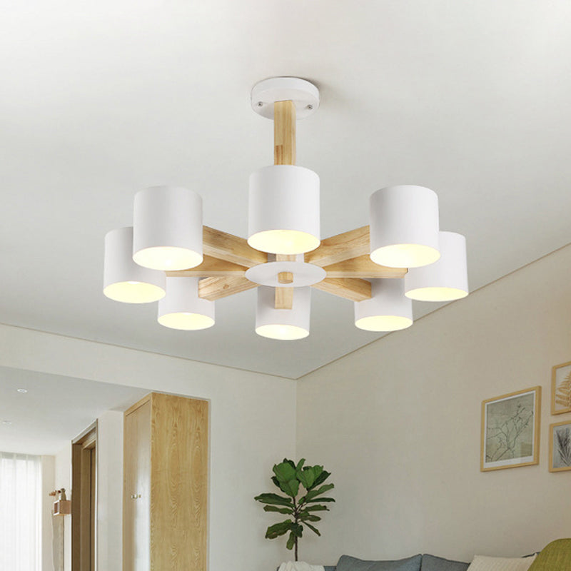 Nordic Cylindrical Ceiling Chandelier Metallic 3/6/8-Light Living Room Suspension Light in Black/White and Wood 8 White Clearhalo 'Ceiling Lights' 'Chandeliers' 'Modern Chandeliers' 'Modern' Lighting' 1948983