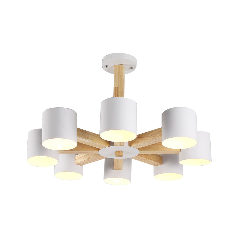 Nordic Cylindrical Ceiling Chandelier Metallic 3/6/8-Light Living Room Suspension Light in Black/White and Wood Clearhalo 'Ceiling Lights' 'Chandeliers' 'Modern Chandeliers' 'Modern' Lighting' 1948985