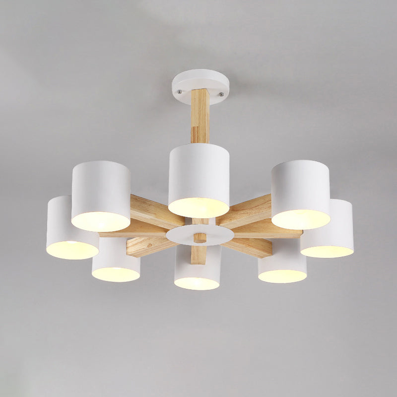 Nordic Cylindrical Ceiling Chandelier Metallic 3/6/8-Light Living Room Suspension Light in Black/White and Wood Clearhalo 'Ceiling Lights' 'Chandeliers' 'Modern Chandeliers' 'Modern' Lighting' 1948986