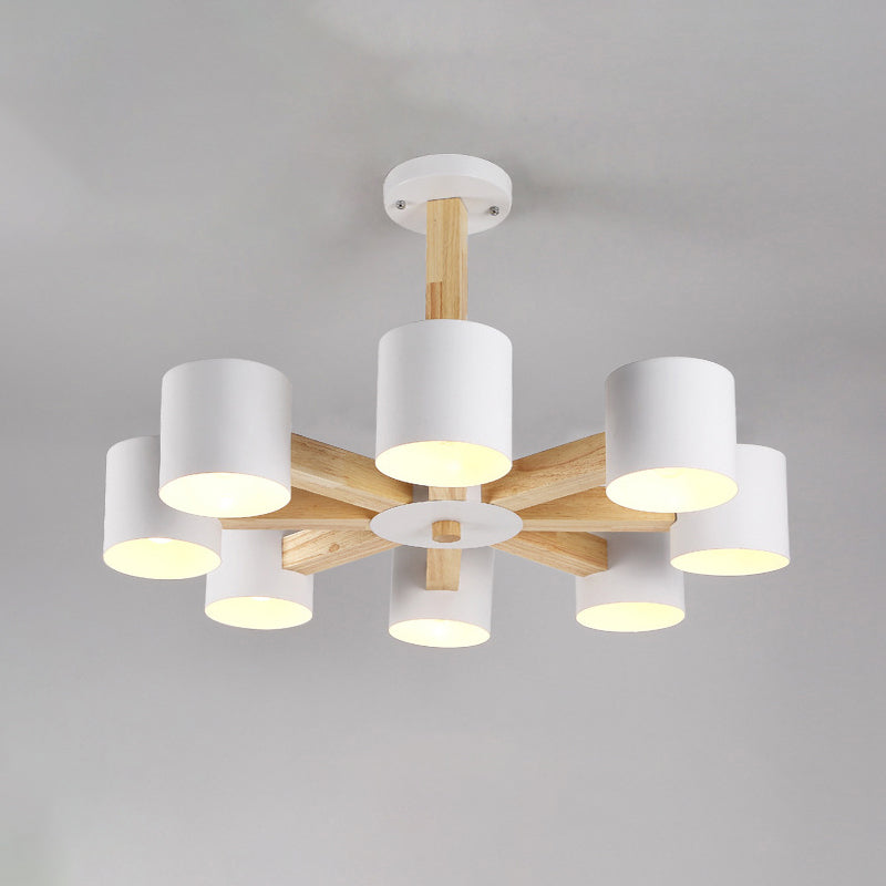 Nordic Cylindrical Ceiling Chandelier Metallic 3/6/8-Light Living Room Suspension Light in Black/White and Wood Clearhalo 'Ceiling Lights' 'Chandeliers' 'Modern Chandeliers' 'Modern' Lighting' 1948986