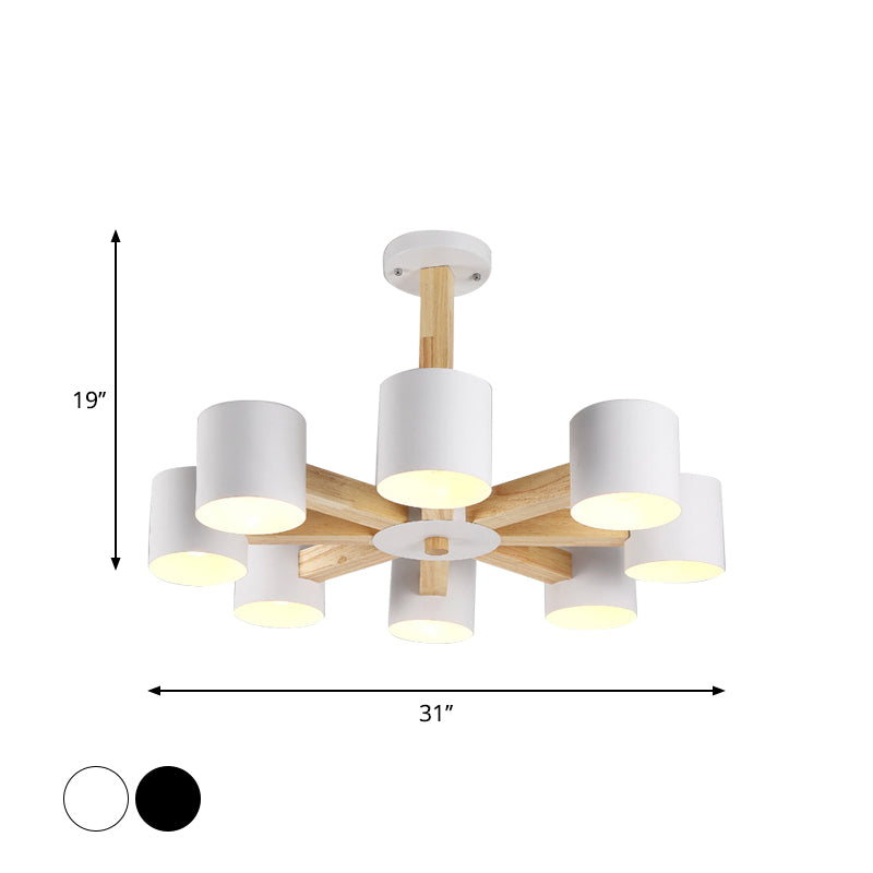 Nordic Cylindrical Ceiling Chandelier Metallic 3/6/8-Light Living Room Suspension Light in Black/White and Wood Clearhalo 'Ceiling Lights' 'Chandeliers' 'Modern Chandeliers' 'Modern' Lighting' 1948987
