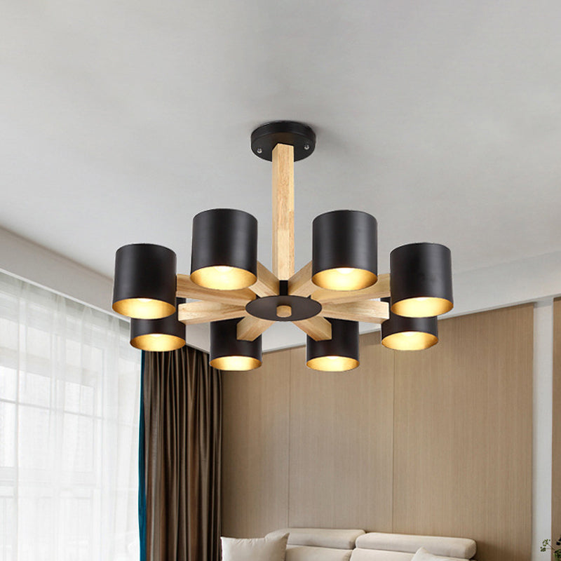 Nordic Cylindrical Ceiling Chandelier Metallic 3/6/8-Light Living Room Suspension Light in Black/White and Wood 8 Black Clearhalo 'Ceiling Lights' 'Chandeliers' 'Modern Chandeliers' 'Modern' Lighting' 1948988
