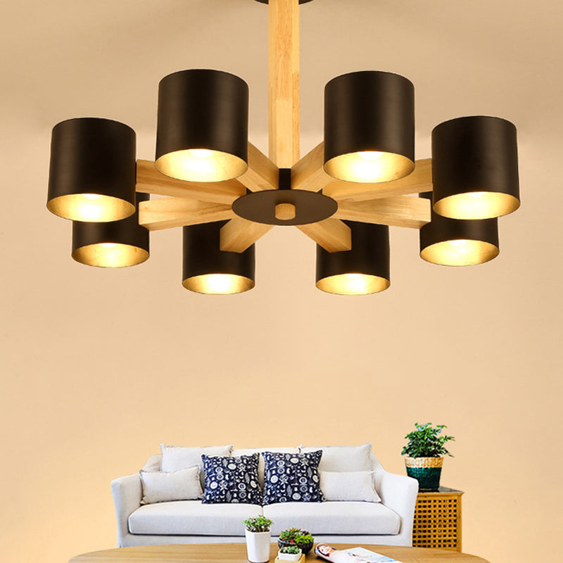 Nordic Cylindrical Ceiling Chandelier Metallic 3/6/8-Light Living Room Suspension Light in Black/White and Wood Clearhalo 'Ceiling Lights' 'Chandeliers' 'Modern Chandeliers' 'Modern' Lighting' 1948989