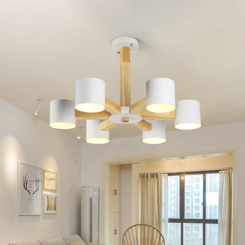 Nordic Cylindrical Ceiling Chandelier Metallic 3/6/8-Light Living Room Suspension Light in Black/White and Wood 6 White Clearhalo 'Ceiling Lights' 'Chandeliers' 'Modern Chandeliers' 'Modern' Lighting' 1948992