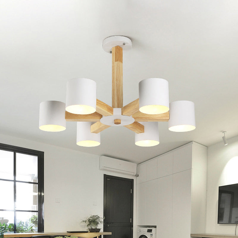 Nordic Cylindrical Ceiling Chandelier Metallic 3/6/8-Light Living Room Suspension Light in Black/White and Wood Clearhalo 'Ceiling Lights' 'Chandeliers' 'Modern Chandeliers' 'Modern' Lighting' 1948993