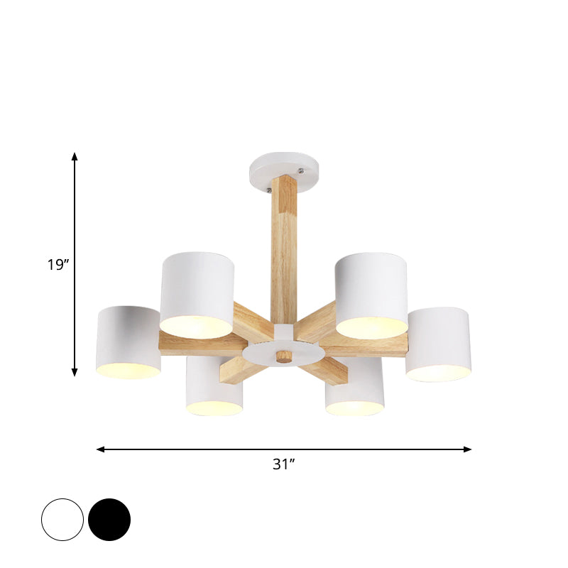 Nordic Cylindrical Ceiling Chandelier Metallic 3/6/8-Light Living Room Suspension Light in Black/White and Wood Clearhalo 'Ceiling Lights' 'Chandeliers' 'Modern Chandeliers' 'Modern' Lighting' 1948996