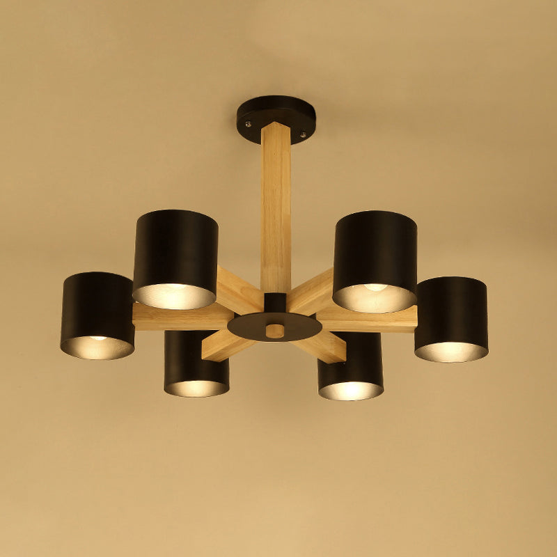 Nordic Cylindrical Ceiling Chandelier Metallic 3/6/8-Light Living Room Suspension Light in Black/White and Wood 6 Black Clearhalo 'Ceiling Lights' 'Chandeliers' 'Modern Chandeliers' 'Modern' Lighting' 1949002