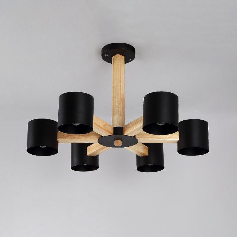 Nordic Cylindrical Ceiling Chandelier Metallic 3/6/8-Light Living Room Suspension Light in Black/White and Wood Clearhalo 'Ceiling Lights' 'Chandeliers' 'Modern Chandeliers' 'Modern' Lighting' 1949003