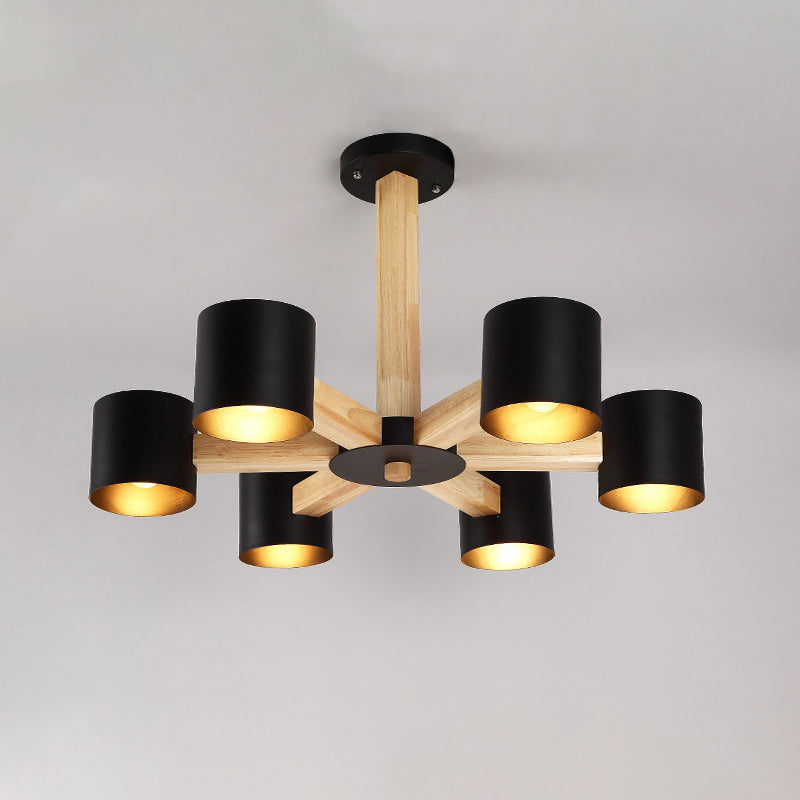 Nordic Cylindrical Ceiling Chandelier Metallic 3/6/8-Light Living Room Suspension Light in Black/White and Wood Clearhalo 'Ceiling Lights' 'Chandeliers' 'Modern Chandeliers' 'Modern' Lighting' 1949004