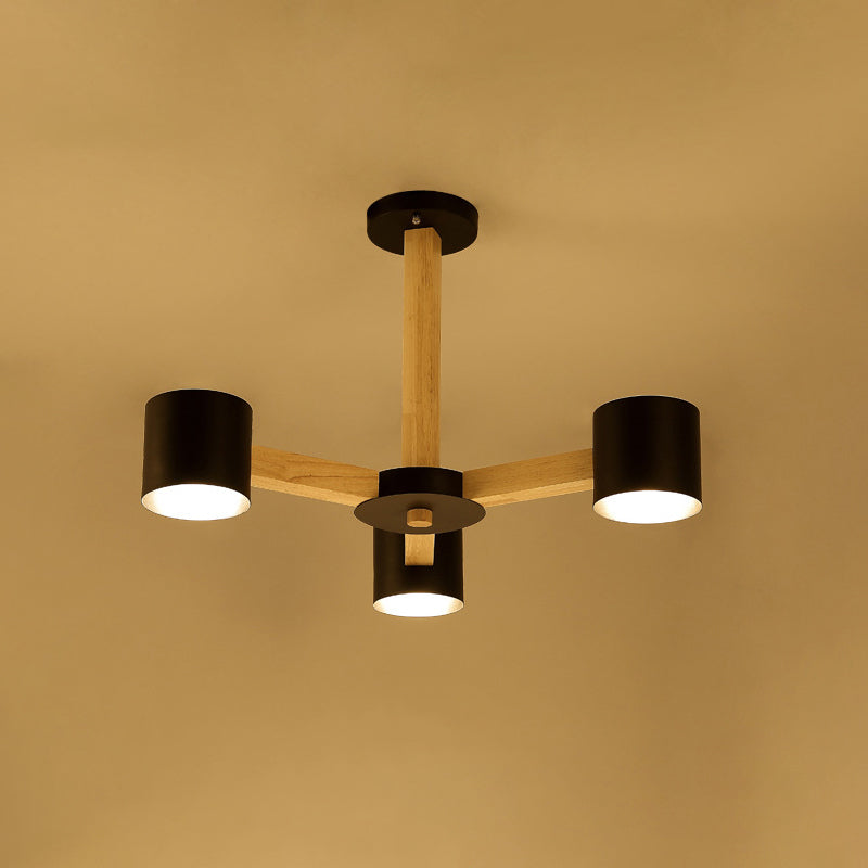 Nordic Cylindrical Ceiling Chandelier Metallic 3/6/8-Light Living Room Suspension Light in Black/White and Wood 3 Black Clearhalo 'Ceiling Lights' 'Chandeliers' 'Modern Chandeliers' 'Modern' Lighting' 1949006