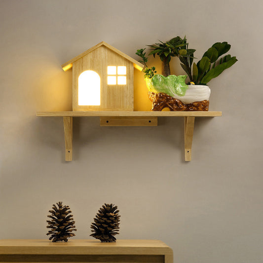 Beige Lodge Wall Lamp Fixture Nordic Wooden LED Wall Sconce with Storage Shelf, Warm/White Light Wood Clearhalo 'Modern wall lights' 'Modern' 'Wall Lamps & Sconces' 'Wall Lights' Lighting' 1949155