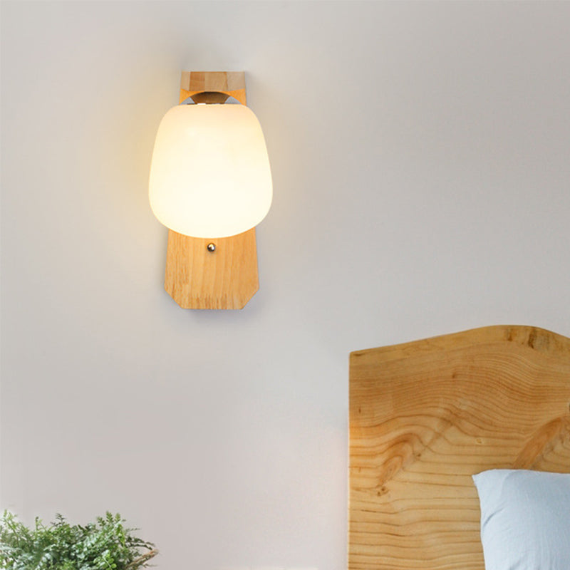 Milky Glass Bud Shaped Wall Lighting Nordic 1 Bulb Wood Wall Mounted Lamp with Right Angled Arm Clearhalo 'Modern wall lights' 'Modern' 'Wall Lamps & Sconces' 'Wall Lights' Lighting' 1949162