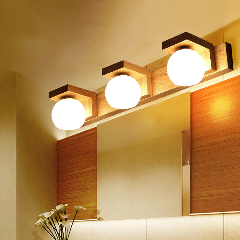 Linear Bathroom Vanity Sconce Wood 2/3 Heads Nordic Wall Mount Lamp with Ball Opal Glass Shade 3.0 Wood Clearhalo 'Modern wall lights' 'Modern' 'Vanity Lights' 'Wall Lights' Lighting' 1949202
