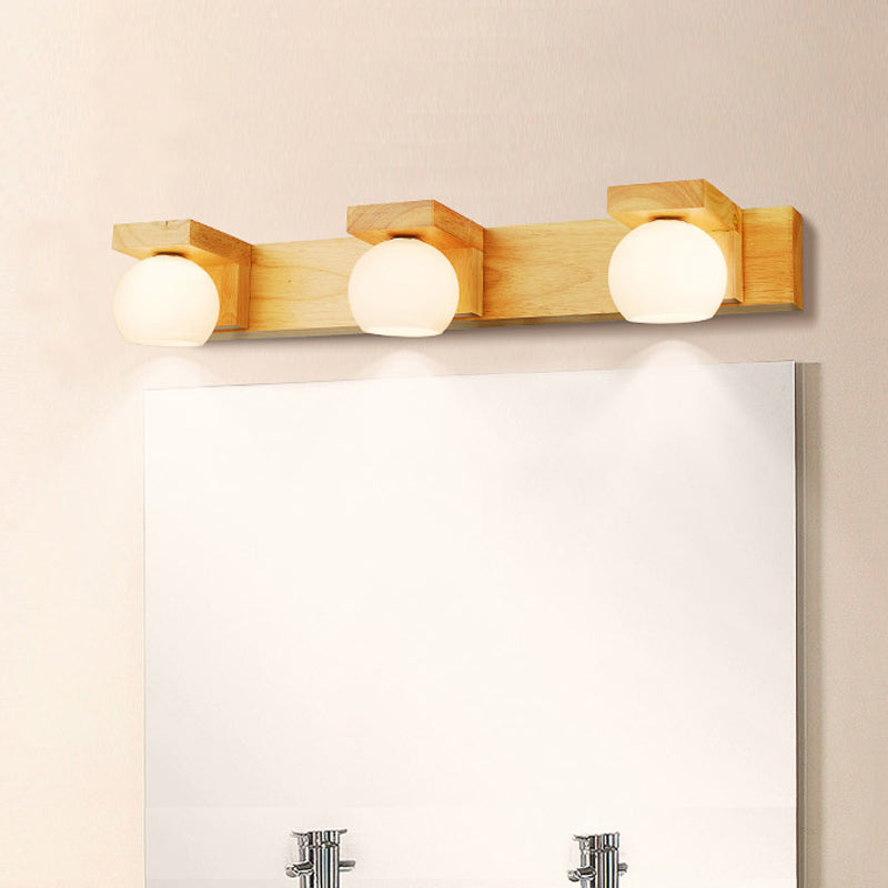 Linear Bathroom Vanity Sconce Wood 2/3 Heads Nordic Wall Mount Lamp with Ball Opal Glass Shade Clearhalo 'Modern wall lights' 'Modern' 'Vanity Lights' 'Wall Lights' Lighting' 1949203