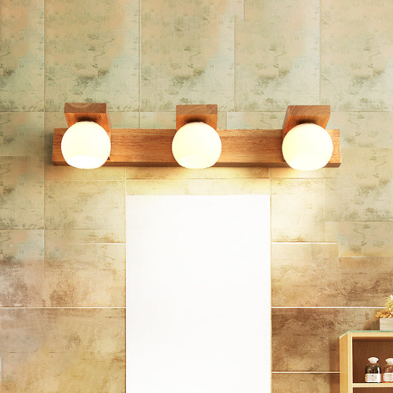 Linear Bathroom Vanity Sconce Wood 2/3 Heads Nordic Wall Mount Lamp with Ball Opal Glass Shade Clearhalo 'Modern wall lights' 'Modern' 'Vanity Lights' 'Wall Lights' Lighting' 1949204