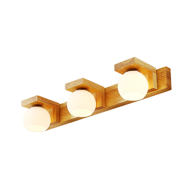 Linear Bathroom Vanity Sconce Wood 2/3 Heads Nordic Wall Mount Lamp with Ball Opal Glass Shade Clearhalo 'Modern wall lights' 'Modern' 'Vanity Lights' 'Wall Lights' Lighting' 1949205