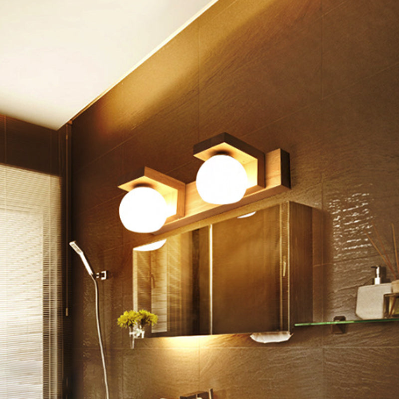 Linear Bathroom Vanity Sconce Wood 2/3 Heads Nordic Wall Mount Lamp with Ball Opal Glass Shade 2.0 Wood Clearhalo 'Modern wall lights' 'Modern' 'Vanity Lights' 'Wall Lights' Lighting' 1949207