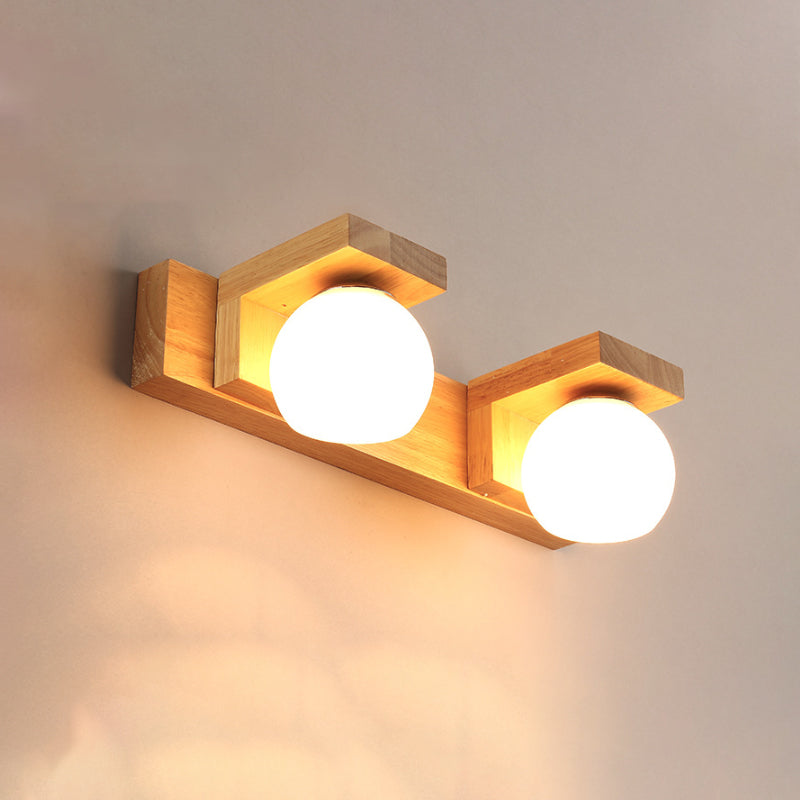 Linear Bathroom Vanity Sconce Wood 2/3 Heads Nordic Wall Mount Lamp with Ball Opal Glass Shade Clearhalo 'Modern wall lights' 'Modern' 'Vanity Lights' 'Wall Lights' Lighting' 1949209