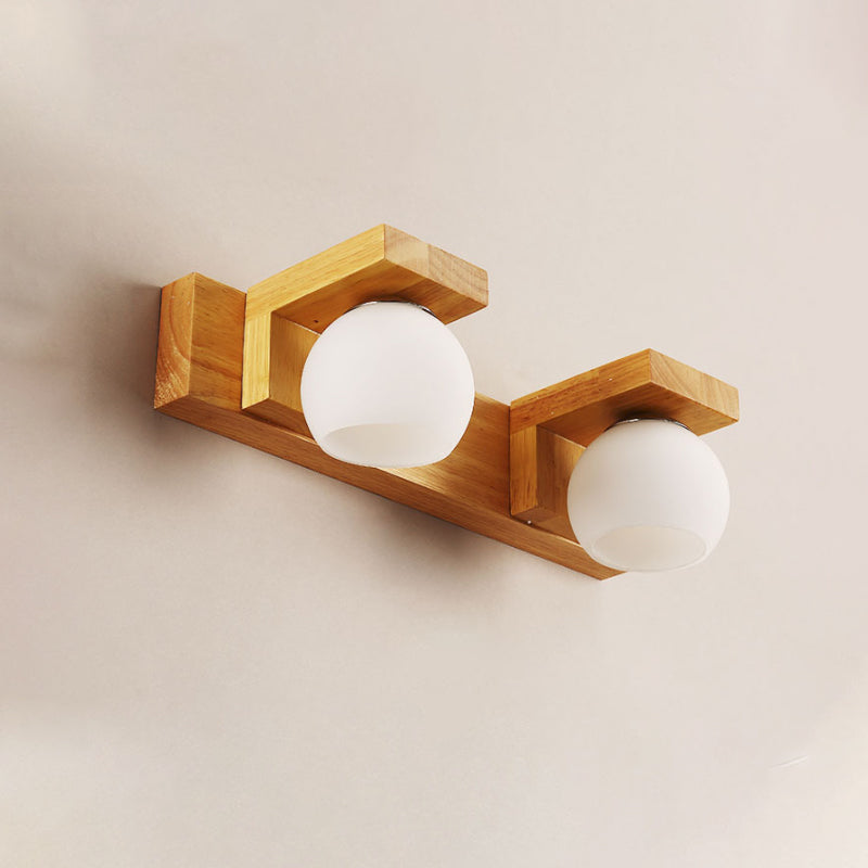 Linear Bathroom Vanity Sconce Wood 2/3 Heads Nordic Wall Mount Lamp with Ball Opal Glass Shade Clearhalo 'Modern wall lights' 'Modern' 'Vanity Lights' 'Wall Lights' Lighting' 1949210