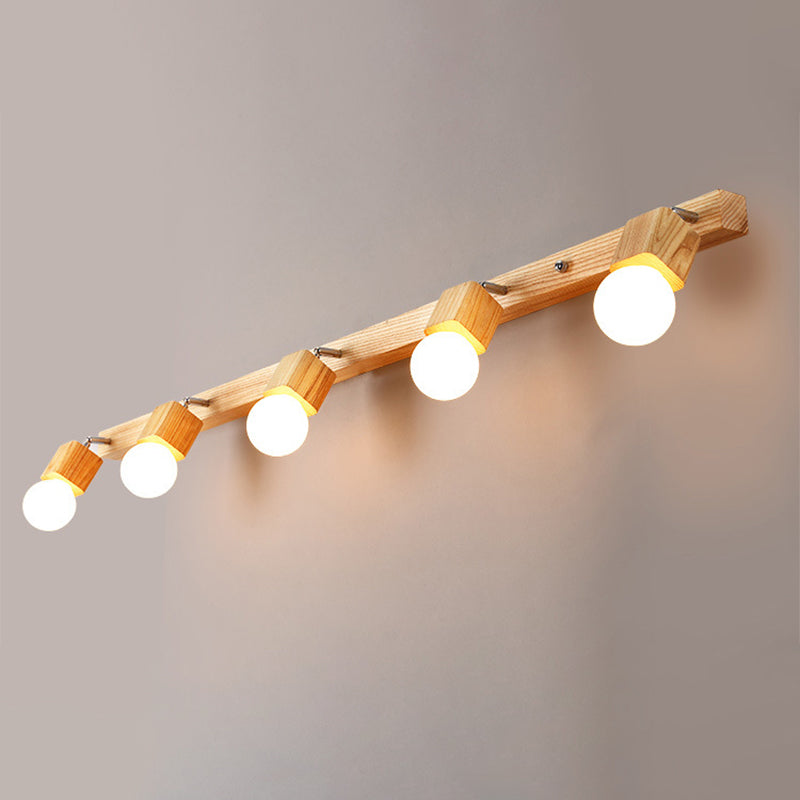 Wood Bare Bulb Design Vanity Lamp Nordic 2/4/5 Bulbs Beige Adjustable Wall Mount Light Fixture Clearhalo 'Modern wall lights' 'Modern' 'Vanity Lights' 'Wall Lights' Lighting' 1949224