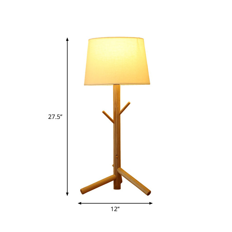 Nordic Tapered Drum Nightstand Light Fabric Single Bedroom Table Light with Tree Branch Rack in Wood Clearhalo 'Lamps' 'Table Lamps' Lighting' 1949233