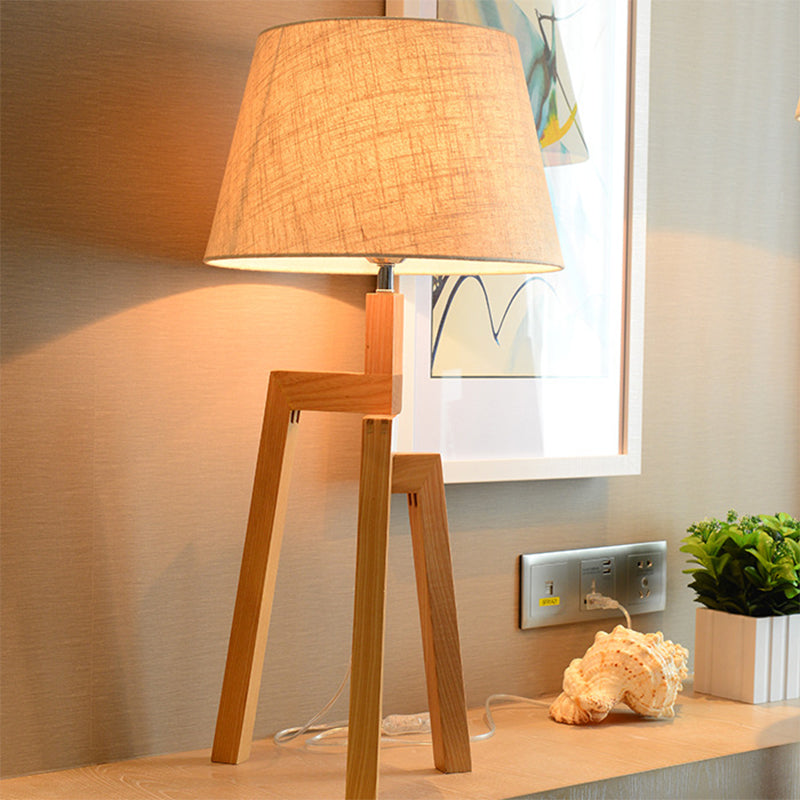 Tri-Leg Wooden Table Lamp Contemporary 1 Bulb Beige Nightstand Light with Empire Shade Clearhalo 'Lamps' 'Table Lamps' Lighting' 1949245