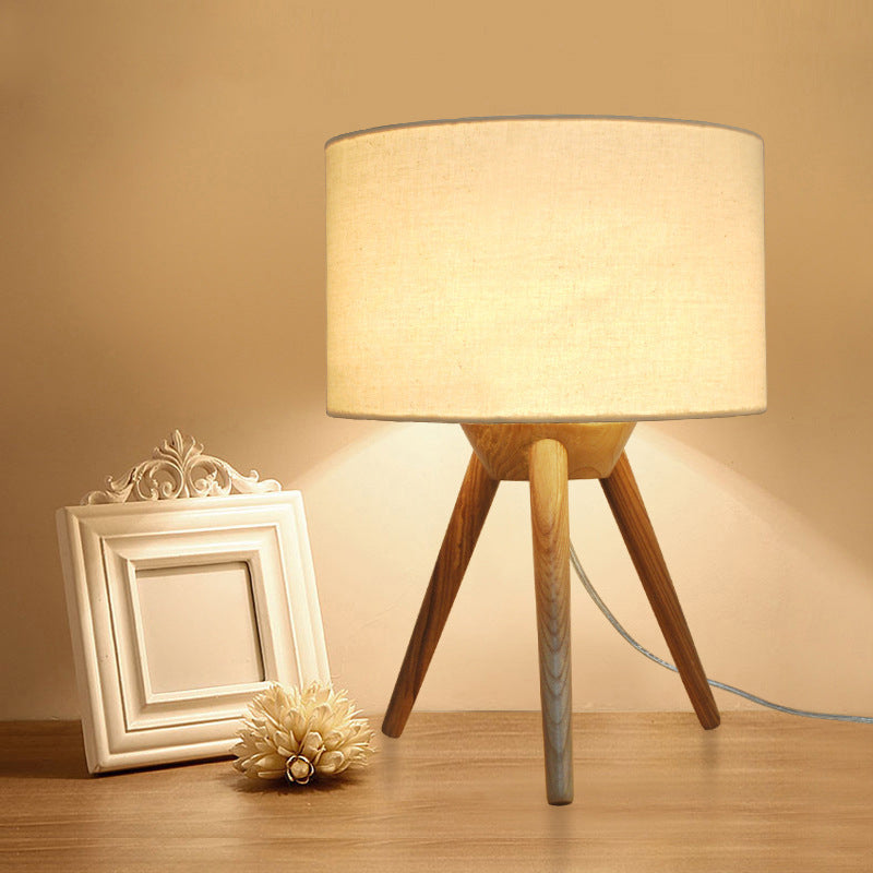 Drum Shade Tripod Night Lamp Novelty Minimalist Fabric Single Bedroom Table Light in Wood Wood Clearhalo 'Lamps' 'Table Lamps' Lighting' 1949249