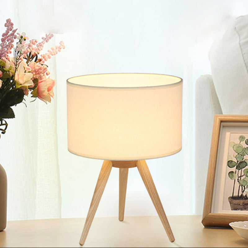 Drum Shade Tripod Night Lamp Novelty Minimalist Fabric Single Bedroom Table Light in Wood Clearhalo 'Lamps' 'Table Lamps' Lighting' 1949251
