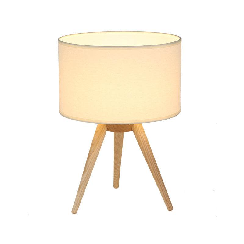 Drum Shade Tripod Night Lamp Novelty Minimalist Fabric Single Bedroom Table Light in Wood Clearhalo 'Lamps' 'Table Lamps' Lighting' 1949252