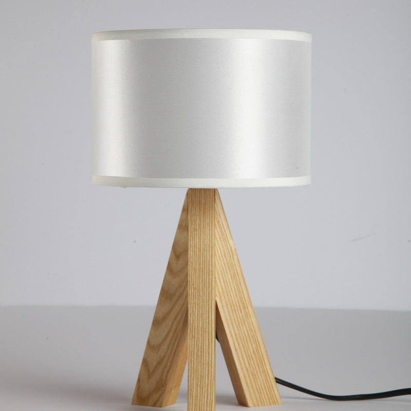 Black/White Cylinder Table Lighting Modern 1 Light Fabric Night Lamp with Wood Tripod Stand White Clearhalo 'Lamps' 'Table Lamps' Lighting' 1949257