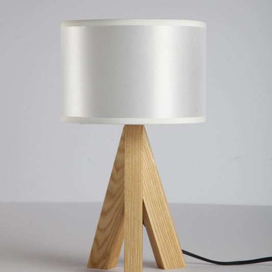 Black/White Cylinder Table Lighting Modern 1 Light Fabric Night Lamp with Wood Tripod Stand White Clearhalo 'Lamps' 'Table Lamps' Lighting' 1949257