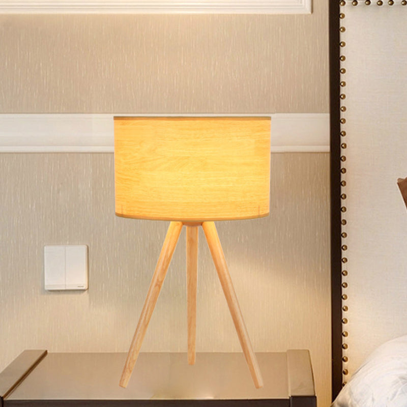 1 Bulb Bedside Table Lamp Minimalist Wood Tripod Night Light with Column Fabric Shade Clearhalo 'Lamps' 'Table Lamps' Lighting' 1949266