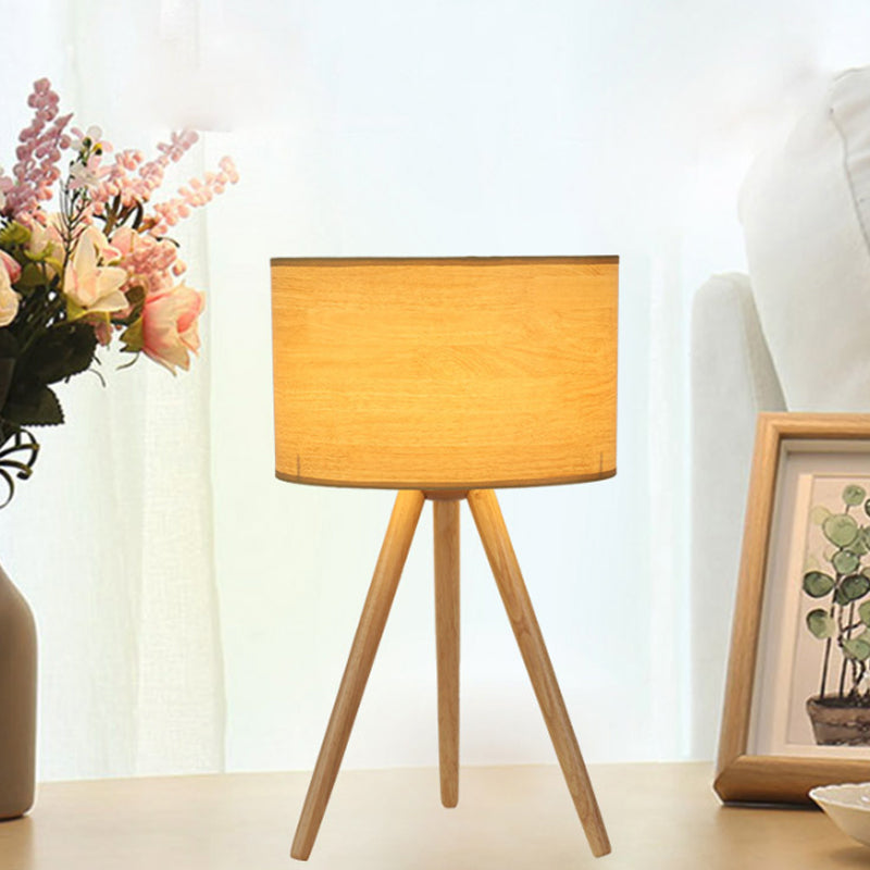 1 Bulb Bedside Table Lamp Minimalist Wood Tripod Night Light with Column Fabric Shade Clearhalo 'Lamps' 'Table Lamps' Lighting' 1949267