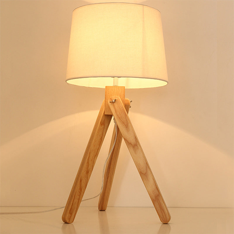 White Tapered Shade Night Lamp Nordic 1 Head Fabric Table Lighting with Wood Telescope Stand Clearhalo 'Lamps' 'Table Lamps' Lighting' 1949277