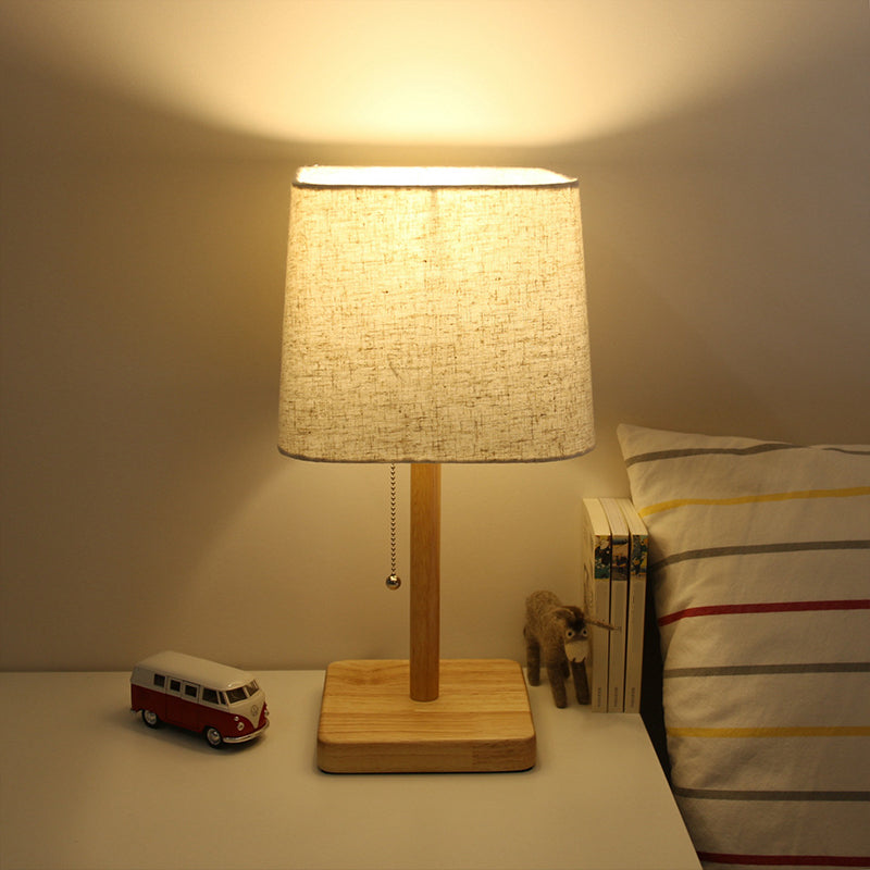 1-Light Bedroom Pull Chain Table Light Nordic Wood Nightstand Lamp with Square Fabric Shade Clearhalo 'Lamps' 'Table Lamps' Lighting' 1949318