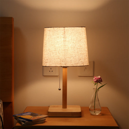 1-Light Bedroom Pull Chain Table Light Nordic Wood Nightstand Lamp with Square Fabric Shade Clearhalo 'Lamps' 'Table Lamps' Lighting' 1949319
