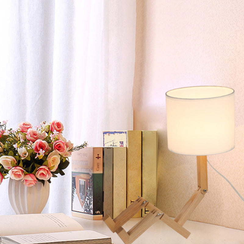 Man-Shaped Table Lamp Novelty Modern Wood Single Beige/Black/White Night Light with Book Rack Design and Cylinder Fabric Shade Clearhalo 'Lamps' 'Table Lamps' Lighting' 1949333