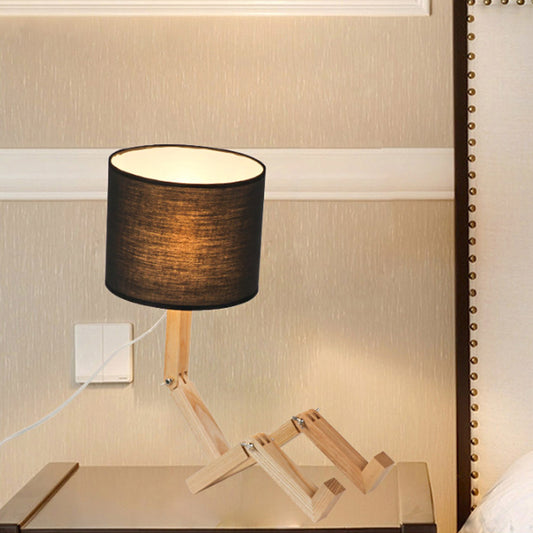 Man-Shaped Table Lamp Novelty Modern Wood Single Beige/Black/White Night Light with Book Rack Design and Cylinder Fabric Shade Clearhalo 'Lamps' 'Table Lamps' Lighting' 1949336