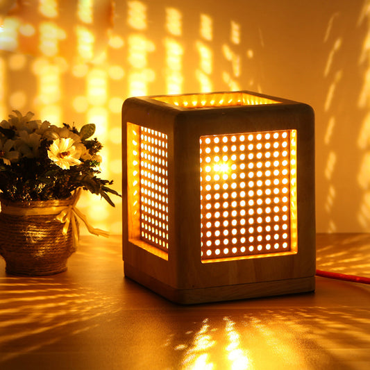Cube Box Bedside Mini Night Lamp Wooden 1 Head Nordic Table Light with Pierced Hole in Beige Wood Clearhalo 'Lamps' 'Table Lamps' Lighting' 1949338