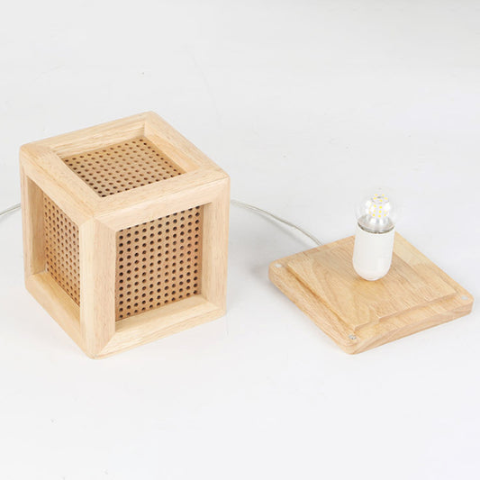 Cube Box Bedside Mini Night Lamp Wooden 1 Head Nordic Table Light with Pierced Hole in Beige Clearhalo 'Lamps' 'Table Lamps' Lighting' 1949339