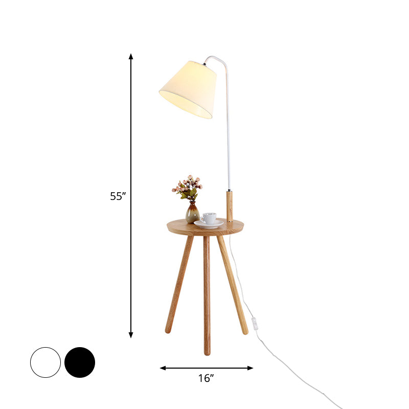 Fabric Cone/Drum/Tapered Floor Light Modern 1 Bulb Black/White/Wood Stand Up Lamp with Table/Storage Rack for Living Room Clearhalo 'Floor Lamps' 'Lamps' Lighting' 1949375