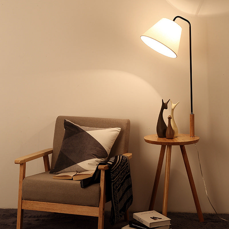 Conical Fabric Standing Floor Lamp Nordic 1 Head Wood 3-Leg Floor Light with Table Clearhalo 'Floor Lamps' 'Lamps' Lighting' 1949392