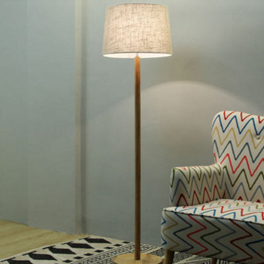 Drum Shade Bedside Floor Light Fabric Single-Bulb Minimalistic Standing Lamp in Wood Clearhalo 'Floor Lamps' 'Lamps' Lighting' 1949397