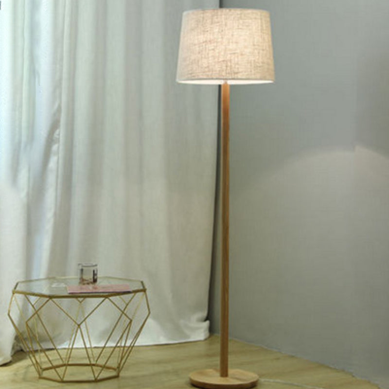 Drum Shade Bedside Floor Light Fabric Single-Bulb Minimalistic Standing Lamp in Wood Clearhalo 'Floor Lamps' 'Lamps' Lighting' 1949398