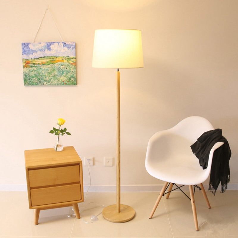Simplicity Drum Floor Standing Lamp Fabric 1 Light Study Room Floor Light in Wood Wood Clearhalo 'Floor Lamps' 'Lamps' Lighting' 1949401