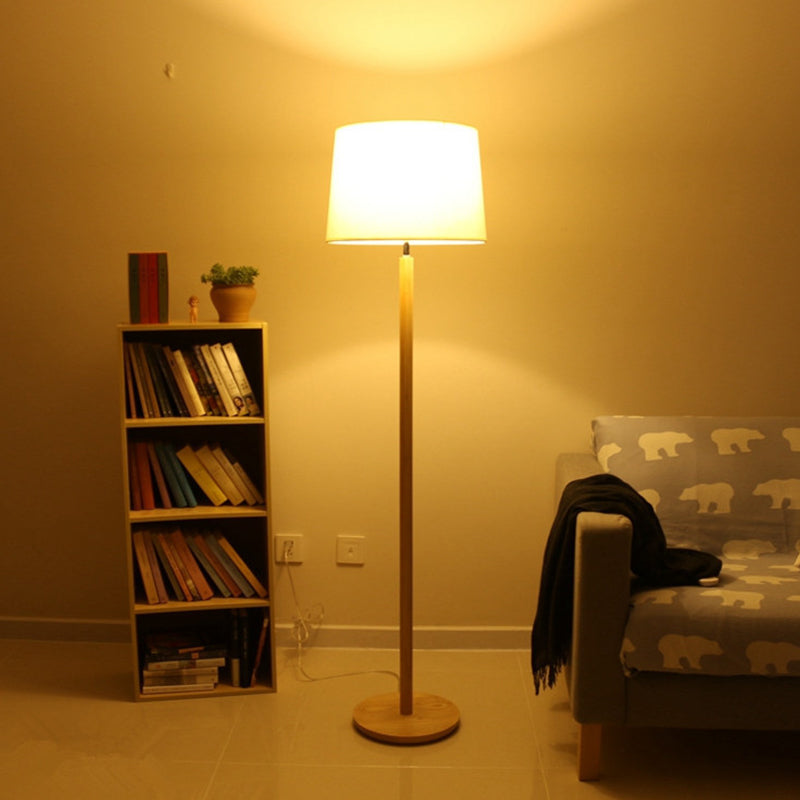 Simplicity Drum Floor Standing Lamp Fabric 1 Light Study Room Floor Light in Wood Clearhalo 'Floor Lamps' 'Lamps' Lighting' 1949402